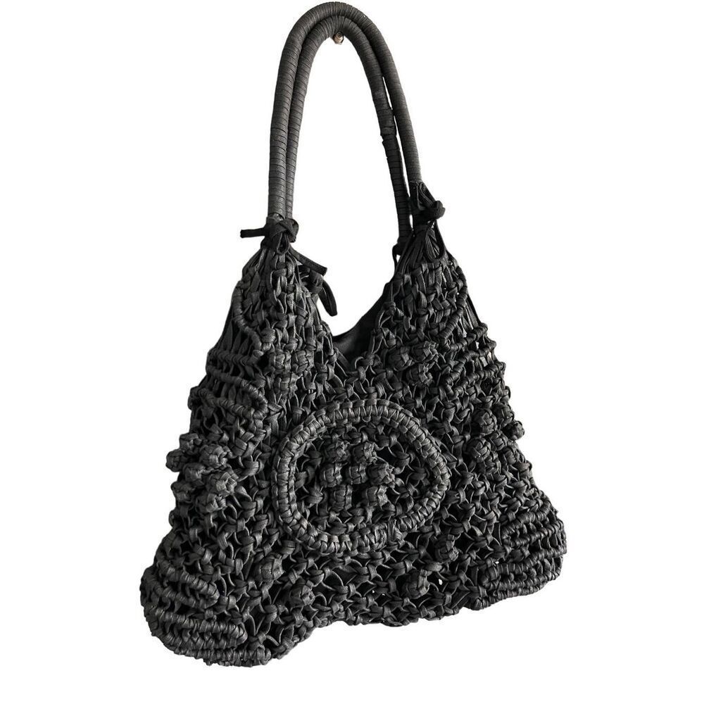 Clever Carriage Company Womens Black Crocheted Positano Hand Macrame Satchel Bag - Picture 9 of 11